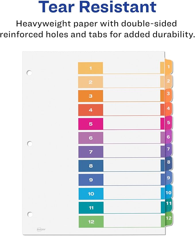 Avery 12 Tab Dividers for 3 Ring Binders, Customizable Table of Contents, Multicolor Tabs, 6 Sets (11196)