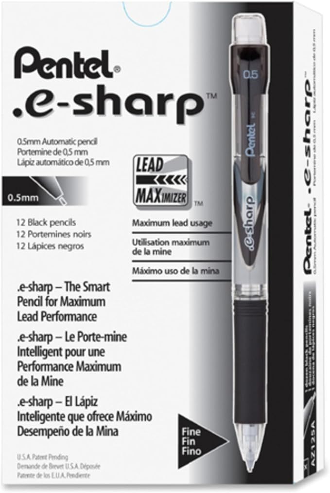 Pentel E-Sharp Mechanical Pencil, 0.50 mm, Black Barrel, Dozen Box (AZ125A)