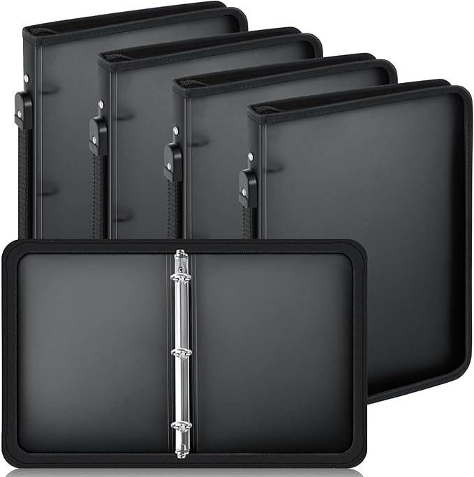 Teling 4 Pcs 1 Inch Black Zipper Binder with 3 Ring Zipper Binder, Refillable Plastic Clear File Organizer Planner for Projects, Assignments, Memos, School Work, 11.3 x 9.6 Inch