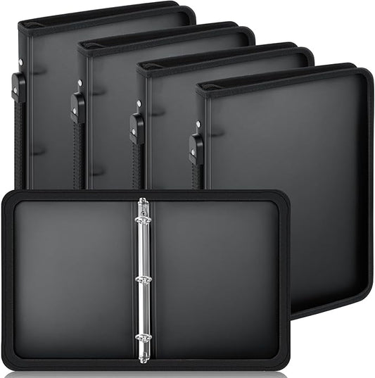 Teling 4 Pcs 1 Inch Black Zipper Binder with 3 Ring Zipper Binder, Refillable Plastic Clear File Organizer Planner for Projects, Assignments, Memos, School Work, 11.3 x 9.6 Inch