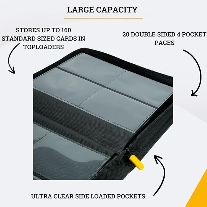 Card Guardian - Toploader binder 4 Pocket top loader binder with Zipper for 160 Cards - Side Loaded Pockets - Compatible with Sports and Trading Cards TCG (Black)