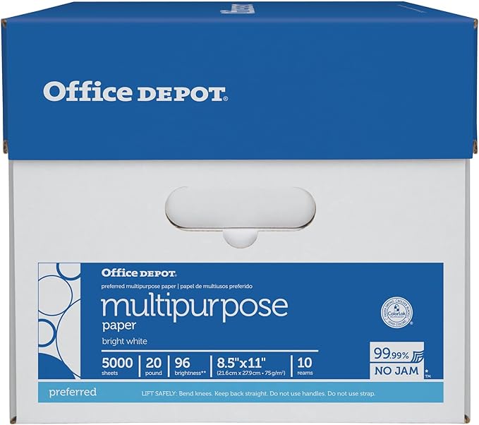Office Depot® Multi-Use Printer & Copy Paper, 10 Reams, White, Letter (8.5" x 11"), 5000 Sheets Per Case, 20 Lb, 96 Brig