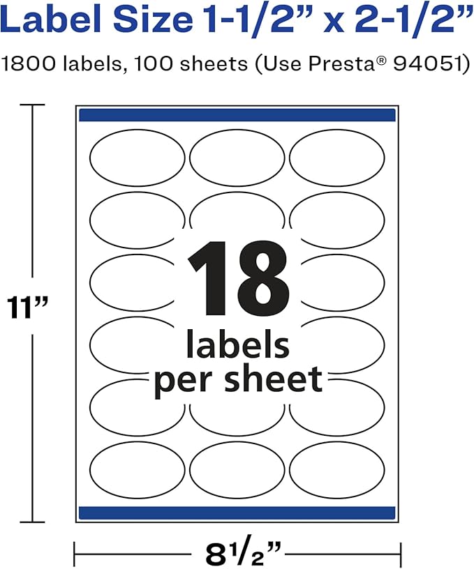 Avery Glossy White Oval Labels, Sure Feed Technology, 1.5" x 2.5", 1,800 Glossy White Labels, Permanent Adhesive, Laser/Inkjet Printable