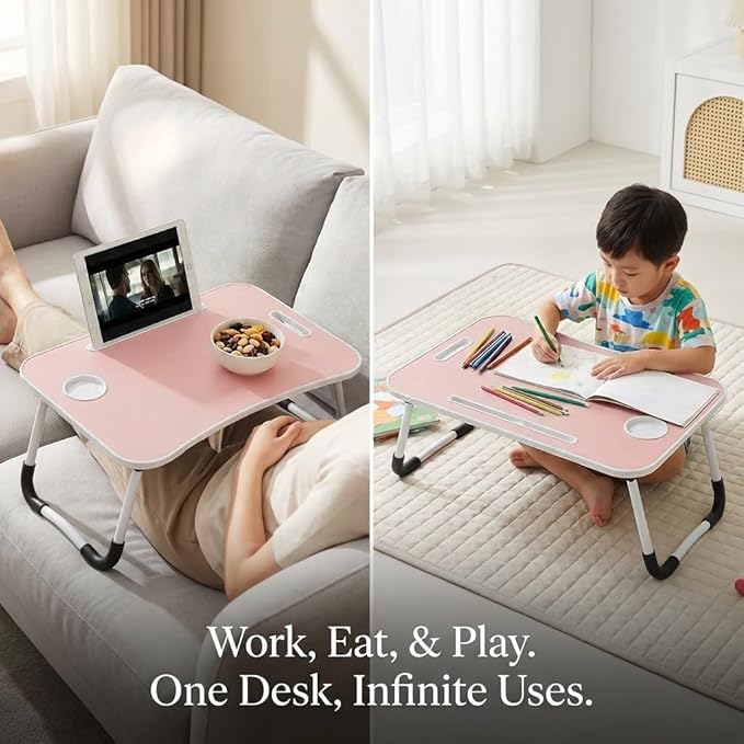 BUYIFY Folding Lap Desk, 23 Inch Portable Wood Blue Laptop Bed Desk Lap Desk with Cup Holder, for Working Reading Writing, Eating, Watching Movies for Bed Sofa Couch Floor -new008 Pink