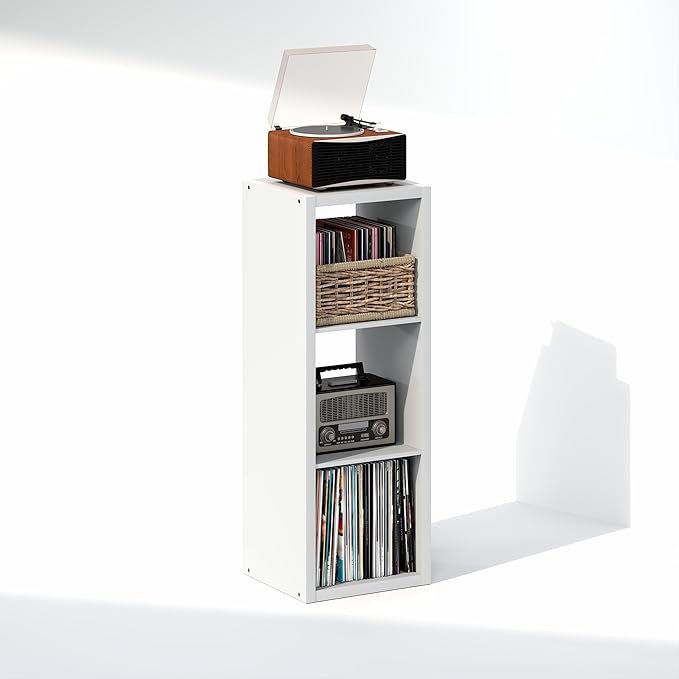 Furinno Cubicle Record Player Stand with Vinyl Storage, 3-Cube 1.2 Extra Thick Vinyl Record Storage, Open Back Media Shelf for CD DVD Blueray Game Disc, for Living Room, Home Office, White