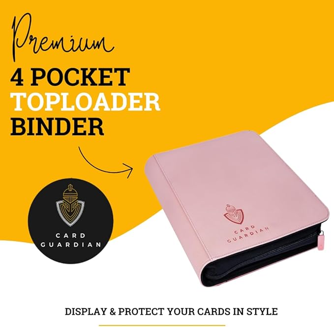 Card Guardian - Toploader 4 Pocket Premium Binder with Zipper for 160 Cards - Side Loaded Pockets - Compatible with Sports and Trading Cards TCG (Pink)