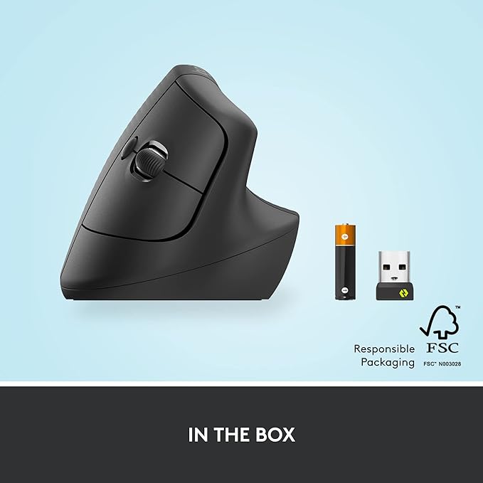 Logitech Lift Vertical Ergonomic Mouse, Wireless, Bluetooth or Logi Bolt USB Receiver, Quiet clicks, 4 Buttons, Compatible with Windows/macOS/iPadOS, Laptop, PC - Graphite (Renewed)