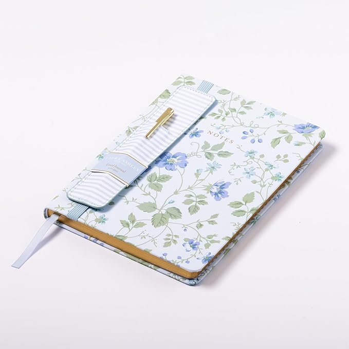Laura Ashley Premium Fabric Hardcover Writing Journal with Pen | 256 Lined Pages | Elegant Floral Design | Perfect for Diaries, Notes, and Gift Giving (Blue - A5-6-x-8 Inches)