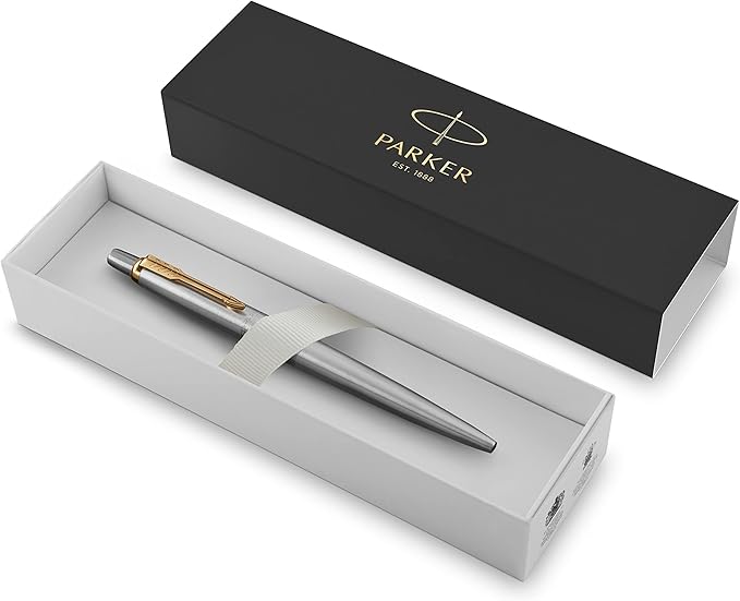 Parker Jotter Ballpoint Pen, Stainless Steel with Golden Trim, Medium Point, Blue Ink, Gift Box - Smooth Writing, Sleek, Polished, Professional, Desk Essentials