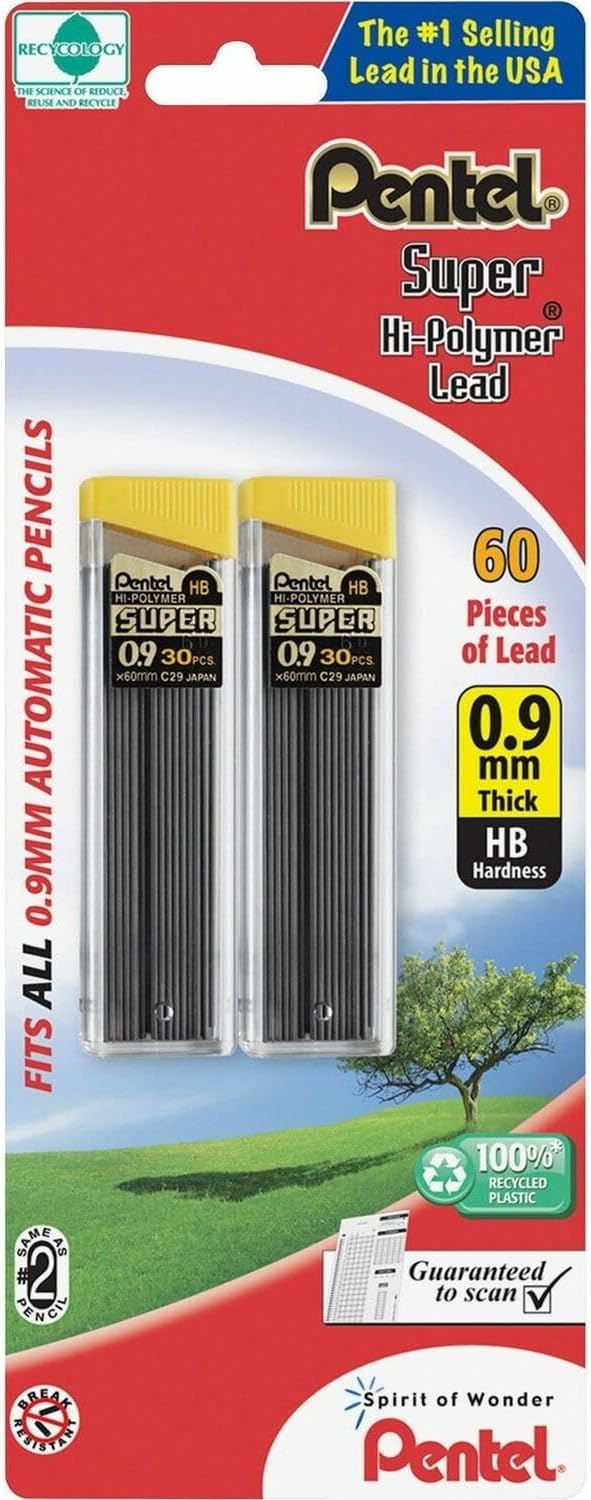 Pentel Super Hi-Polymer Lead Refill, 0.9 mm Thick, HB, 60 Pieces of Lead (C29BPHB2), Gray