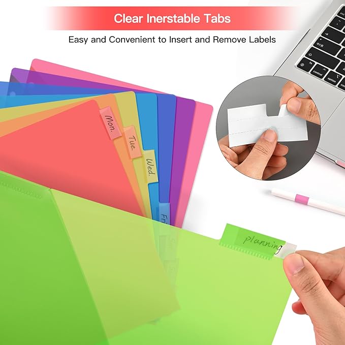 SUIN 8-Tab Binder Dividers with Double Pockets - Translucent Plastic Page Separators for 3 Ring Binder, Front & Back Storage, Durable Poly, Letter Size, Rainbow Colors, 1-Pack