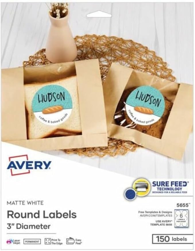 Avery Printable Round Labels, Sure Feed Technology, 3" Diameter, Matte White, Permanent Adhesive, Laser/Inkjet Printable, 150 Blank Labels, Great for Product Merchandising, Favors, and More (5655)