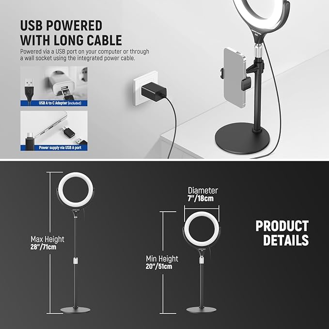 NEEWER Basics 7" Desk Ring Light with Stand/Phone Holder Compatible with iPhone, 10W CRI95+ Bi Color LED Selfie Light for TikTok Recording Laptop Webcam Zoom Video Conference Lighting Makeup, RL7B