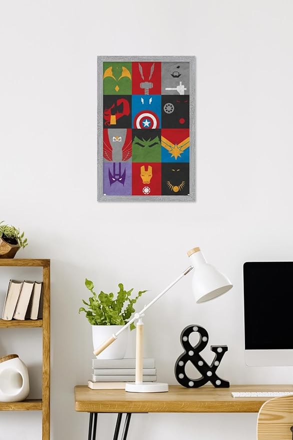 Marvel Comics Avengers - Minimalist Grid Wall Poster, 22.4L" x 14.7W", Gray Framed Version