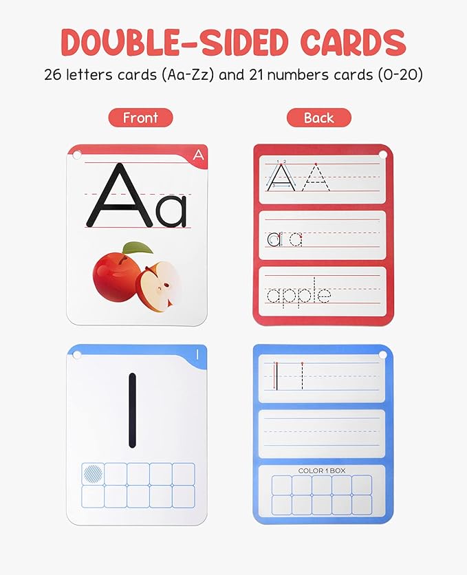 Gamenote Dry Erase Alphabet and Number Flash Cards - Write and Wipe Laminated ABC Letter Tracing Practice Card for Kindergarten (47 Flashcards with 2 Rings and Marker)