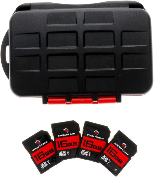 Stealth CAM SD Card - High-Speed Data Transferring Storage Game Trail Hunting Scouting Photo Video Recording Cameras, 16GB SD Card (4 Pack) w/Memory Card Storage Case