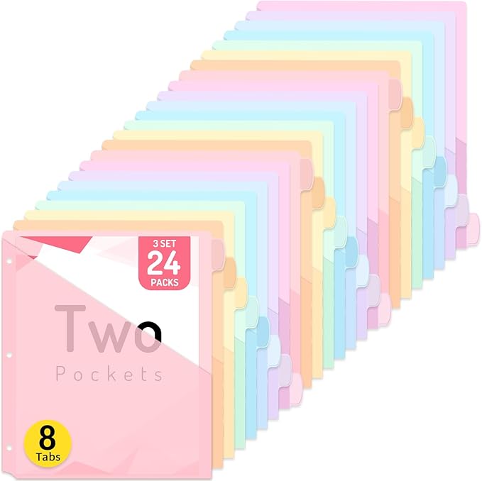 Forvencer 24 Count Binder Dividers with Two Pockets, 8 tab Dividers for 3 Ring Binders Organizer, Binder Divider with Tabs for School Office and Home Organization, Multicolor, 3 Sets