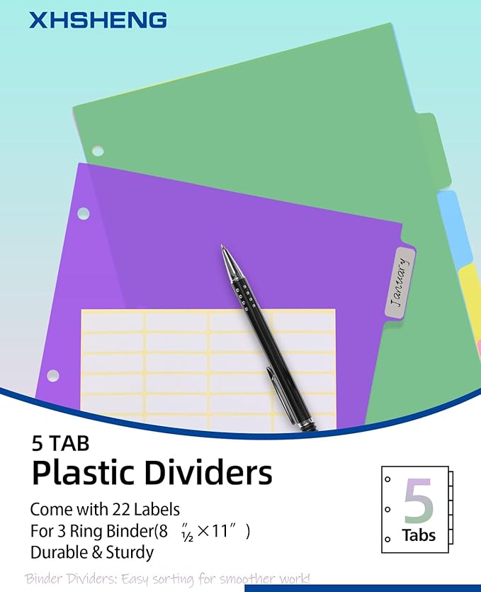 Dividers for 3 Ring Binders,5 TAB Binder Dividers,Plastic, Multicolor Binder separators with tabs，Colored 6 Sets