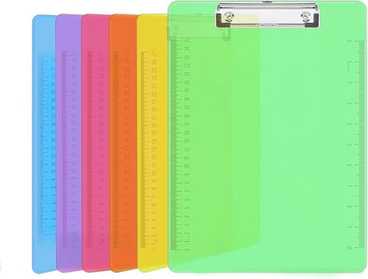 Plastic Clipboards, PANDRI 6 Pack Clear Colored Clipboards, Low Profile Clip Board 12.5 x 9 Inch Standard Letter Size, Office Supplies Classroom