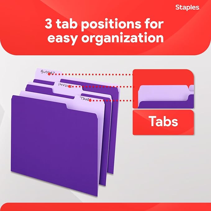 Staples File Folders, Letter Size, 1/3‑Cut Tabs, Purple, Durable 10.5‑Point Paper Stock, 100/Pack