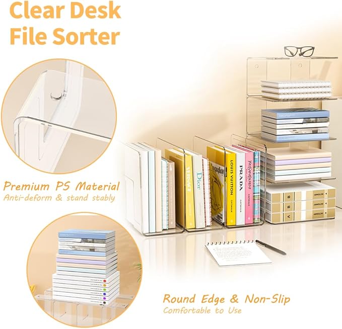 4Pcs Clear Acrylic Desk File Sorter, Desktop File Organizer, 4 Sections Clutch Divider File Folder Rack, Purse Handbag Organizer Letter Notebook Folder, Office Supplies Stand (Clear)
