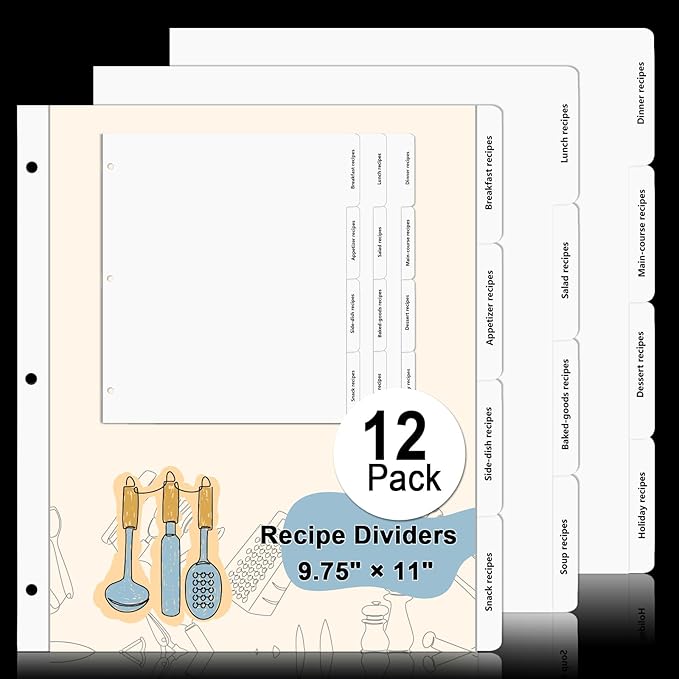 Recipe Dividers for 3 Ring Binder with 4 Tabs 9 3/4”×11” Recipe Binder Dividers Recipe Organizer Personalized Family Recipe Binder Recipe Book to Write in Your Own Recipes for Kitchen (12)