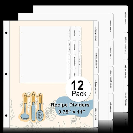 Recipe Dividers for 3 Ring Binder with 4 Tabs 9 3/4”×11” Recipe Binder Dividers Recipe Organizer Personalized Family Recipe Binder Recipe Book to Write in Your Own Recipes for Kitchen (12)