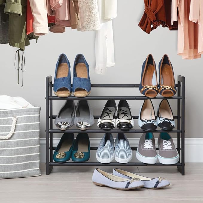 mDesign Metal 3 Tier Adjustable/Expandable Shoe and Boot Storage Organizer Rack - Space-Saving, Angled Vertical Storage - Closet, Entryway, Mudroom, Bedroom, Garage - Black
