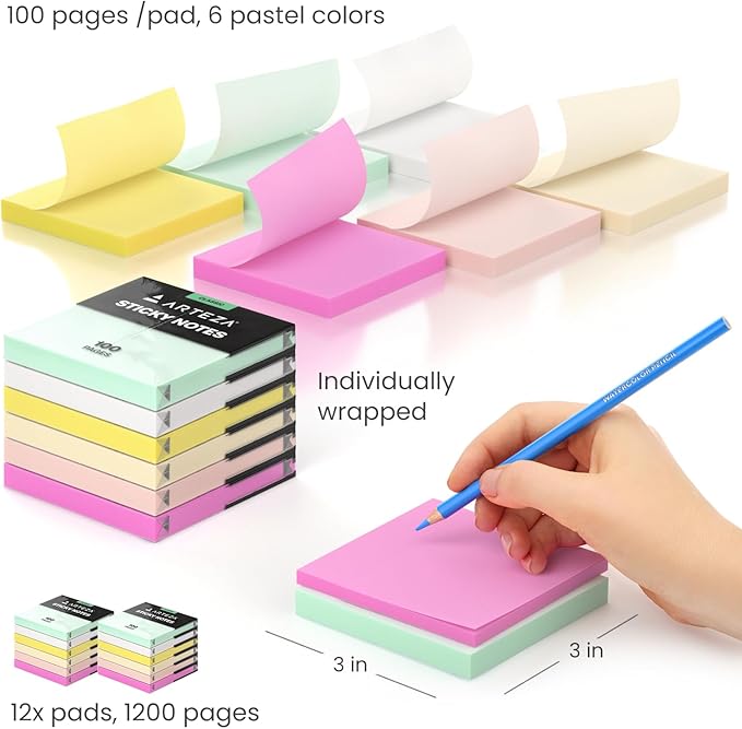 ARTEZA Sticky Notes, 3x3 Inches, 12 Pads, Bulk Pack of Assorted Multicolor Self-Adhesive Notes for Office, School & Home