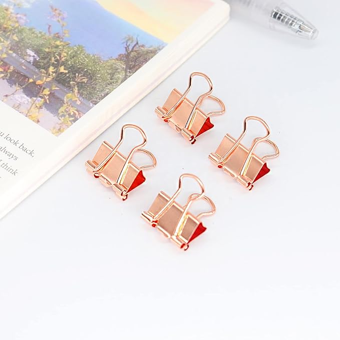 Rose Gold Binder Clips, Mini Paper Clip, Small Paper Clamps 15mm (5/8 inch), 100 Pack Micro Size Office Clips for Home School and Business (Rose Gold)