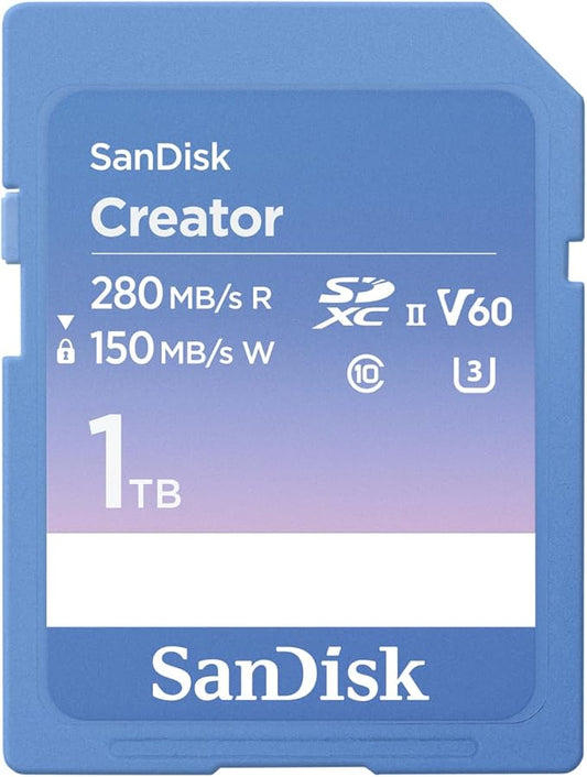 SanDisk 1TB Creator SD UHS-II Card, Read speeds up to 280MB/s, for DSLR and Mirrorless Cameras, 4K UHD, 6K Video, V60, 1 Month of Adobe Creative Cloud Included - SDSDXEP-1T00-GNCIS