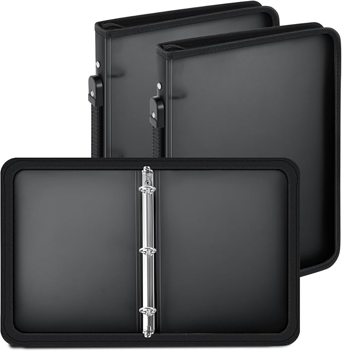 Teling 2 Pcs Plastic Zipper Binders with 3 Ring Zipper Binder, Refillable File Organizer Planner for Projects, Assignments, Memos, School Work (1 Inch,Black)