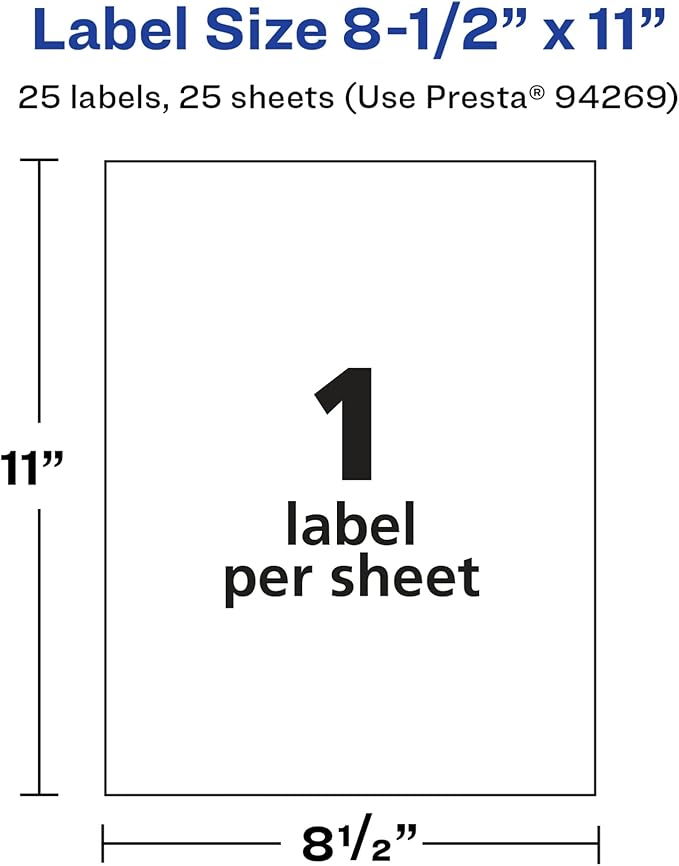 Avery Glossy White Rectangle Labels, 8.5" x 11", 25 Glossy White Labels, Permanent Adhesive, Laser/Inkjet Printable