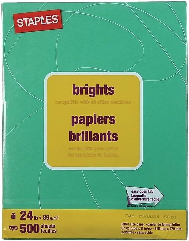 Staples Brights 24 Lb. Colored Paper Dark Green 500/Ream, For Office, School & Home