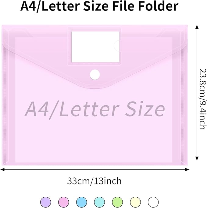 EOOUT 7pcs Plastic Envelopes, Plastic File Folders for Documents, Hook & Loop Closure File Folders with Label Pocket A4 Size for School and Office Supplies