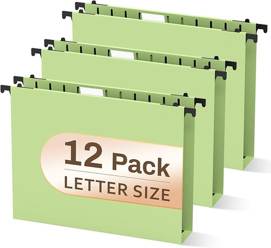 Green Hanging File Folders, 2" Expandable Green File Folders Hanging, Hanging Folders, Expanding Hanging File Folder, Plastic Hanging Files Folders with Tabs & Expandable Bottom, Lette Size, 12 Pack