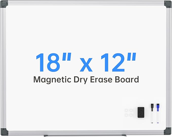 VUSIGN Magnetic White Board 18" x 12" with 1 Dry-Erase Eraser, 2 Multicolor Marker, 4 Magnetic Pins, Sliver Reinforced Aluminum Frame for Office, Home, School