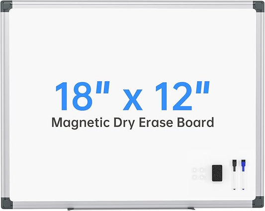 VUSIGN Magnetic White Board 18" x 12" with 1 Dry-Erase Eraser, 2 Multicolor Marker, 4 Magnetic Pins, Sliver Reinforced Aluminum Frame for Office, Home, School