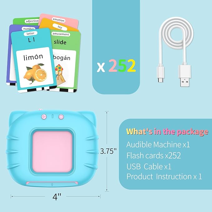 Spanish English Bilingual Learning Toys, ABC Talking Flash Cards with 520 Sight Words, Autism Pocket Speech Toys, Toddler Toys for 2 3 4 5 6 Year Old, Valentine's Day Birthday Gift, Blue