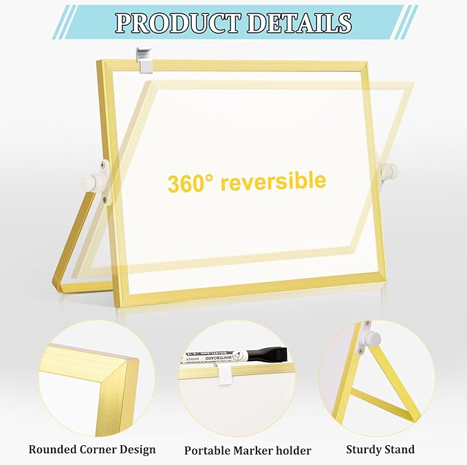 Magnetic Dry Erase White Board, 12" x 8" Double-Sided Golden Aluminum Frame Desktop Whiteboard with Stand, Portable Small Whiteboard Set for Drawing, Office, Home, School