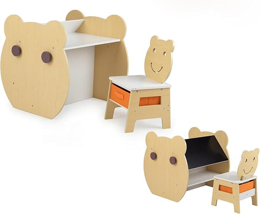 Costzon Toddler Table and Chair Set, 3-in-1 Bear Activity Desk Set w/Reversible Whiteboard & Chalkboard, Side Hooks, Open Shelf and Storage Drawer for Drawing Studying, Kids Table Set for Boys Girls
