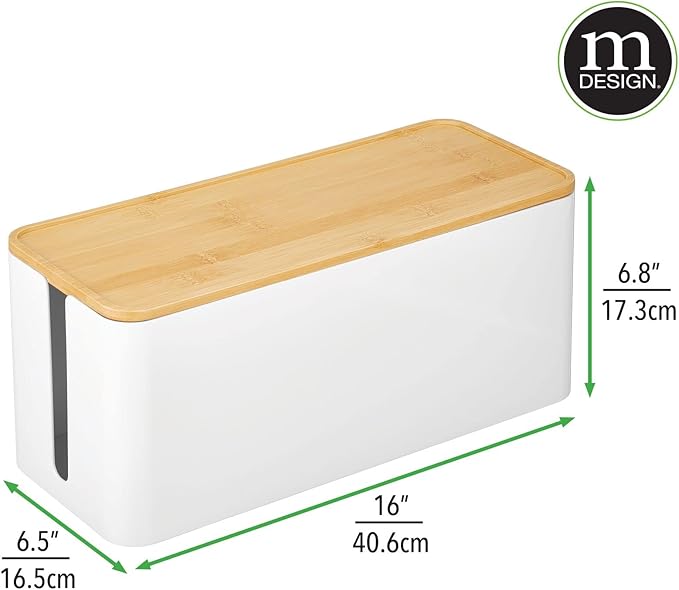 mDesign Cable Management Box - Storage Organizer for Power Strips, Cords, Surge Protectors - Hide Loose Wires in Home Office, Desks, Entertainment Centers - Large, White/Natural Bamboo Wood Lid