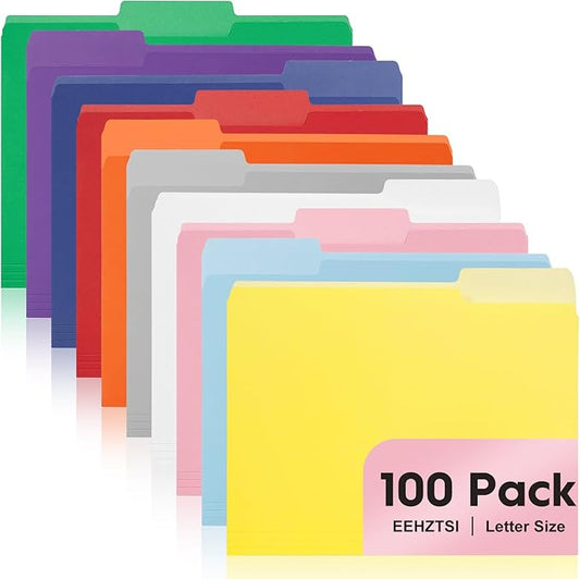 100-Pack Color File Folders, 1/3 Cut Tab, Assorted 10 Colors Letter Size Manilla Folder for School/Office/Classroom