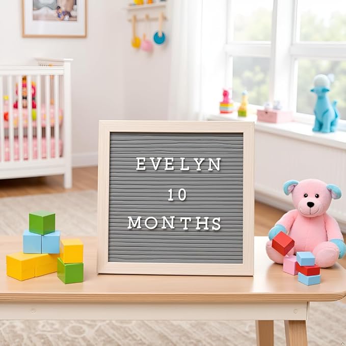 Pearhead Felt Wooden Letterboard Set - Ideal Photo Sharing Prop for Baby Announcements, Milestone Keepsake, Custom Message Board and Shower Gift - Includes 188 Letters, Numbers, and Symbols - Gray