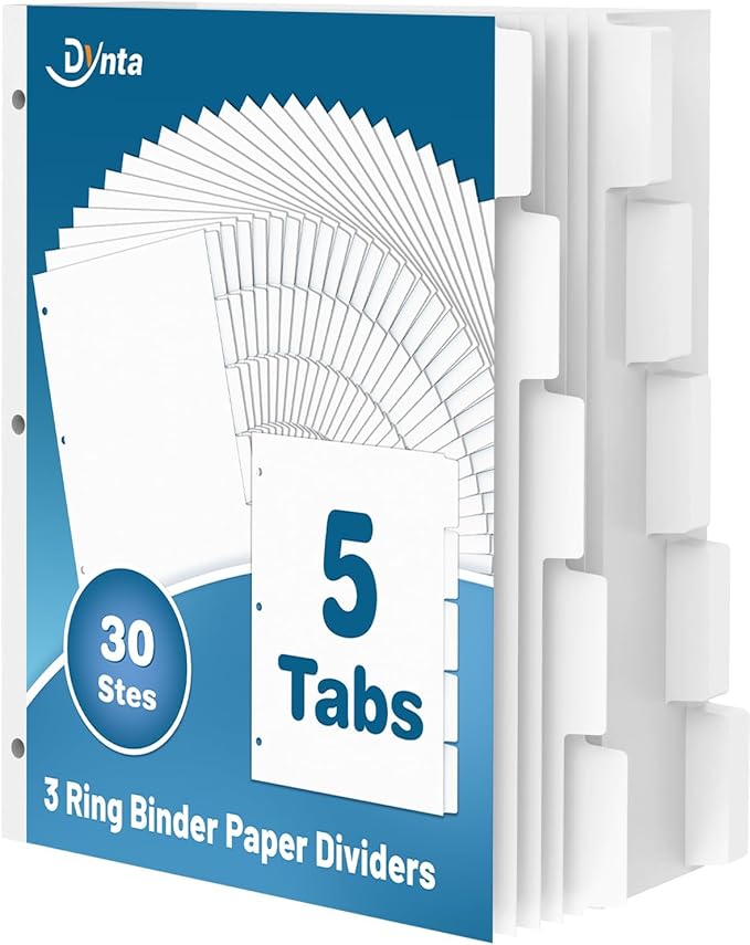 Dynta Binder Dividers for 3 Ring Binder 30 Sets, 1/5 Cut Tabs, Letter Size, White Binder Dividers Blank for School, Office and Home
