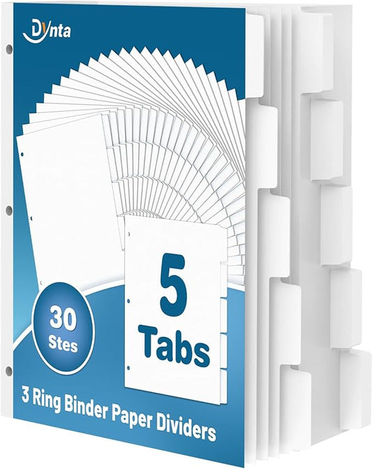 Dynta Binder Dividers for 3 Ring Binder 30 Sets, 1/5 Cut Tabs, Letter Size, White Binder Dividers Blank for School, Office and Home