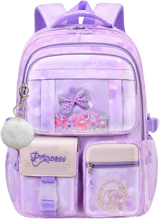 Kids Backpack School Bags for Girls, Cute Princess Backpack Multi-pocket Elementary School Students Bookbag for Girls, Purple