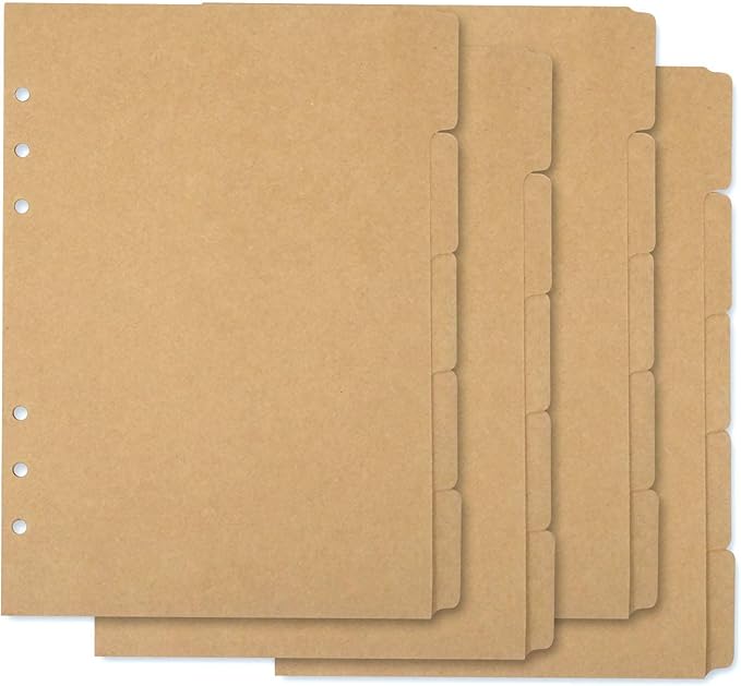 Honbay 4 Sets of A5 6-Holes Kraft Paper Index Page Tab Cards for A5 6 Ring Binders (Brown)