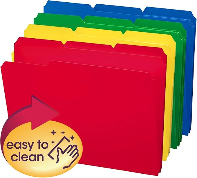 Smead File Folder, Poly Plastic, 1/3-Cut- Tab Letter Size File Folders, Assorted Primaty Colors, 48 Count (10505)
