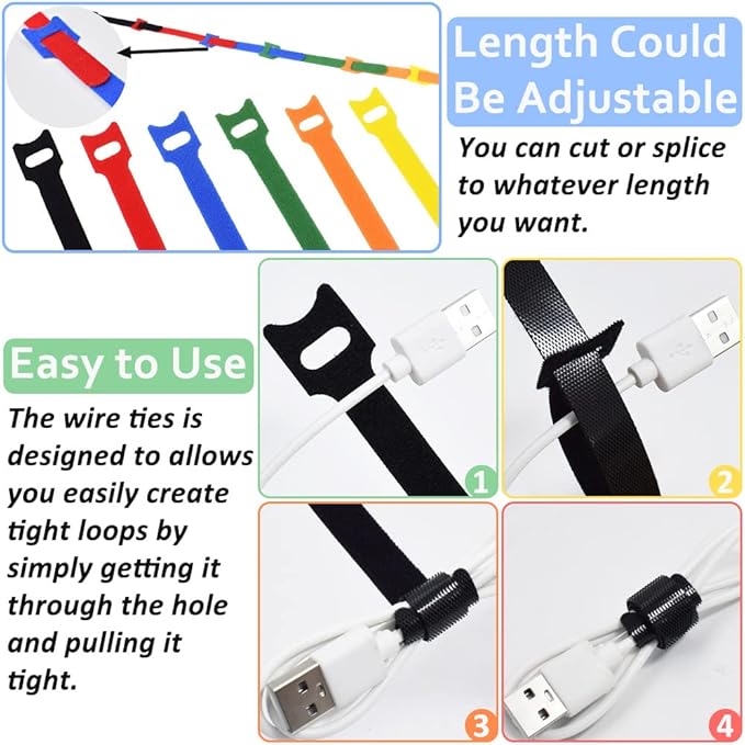 80pcs Cable Ties Reusable Multicolor Wire Ties Cable Management Cord Ties Reusable for Electronics Hook and Loop Cable Ties for Computer 4 6 8 Inch with 6 Colors